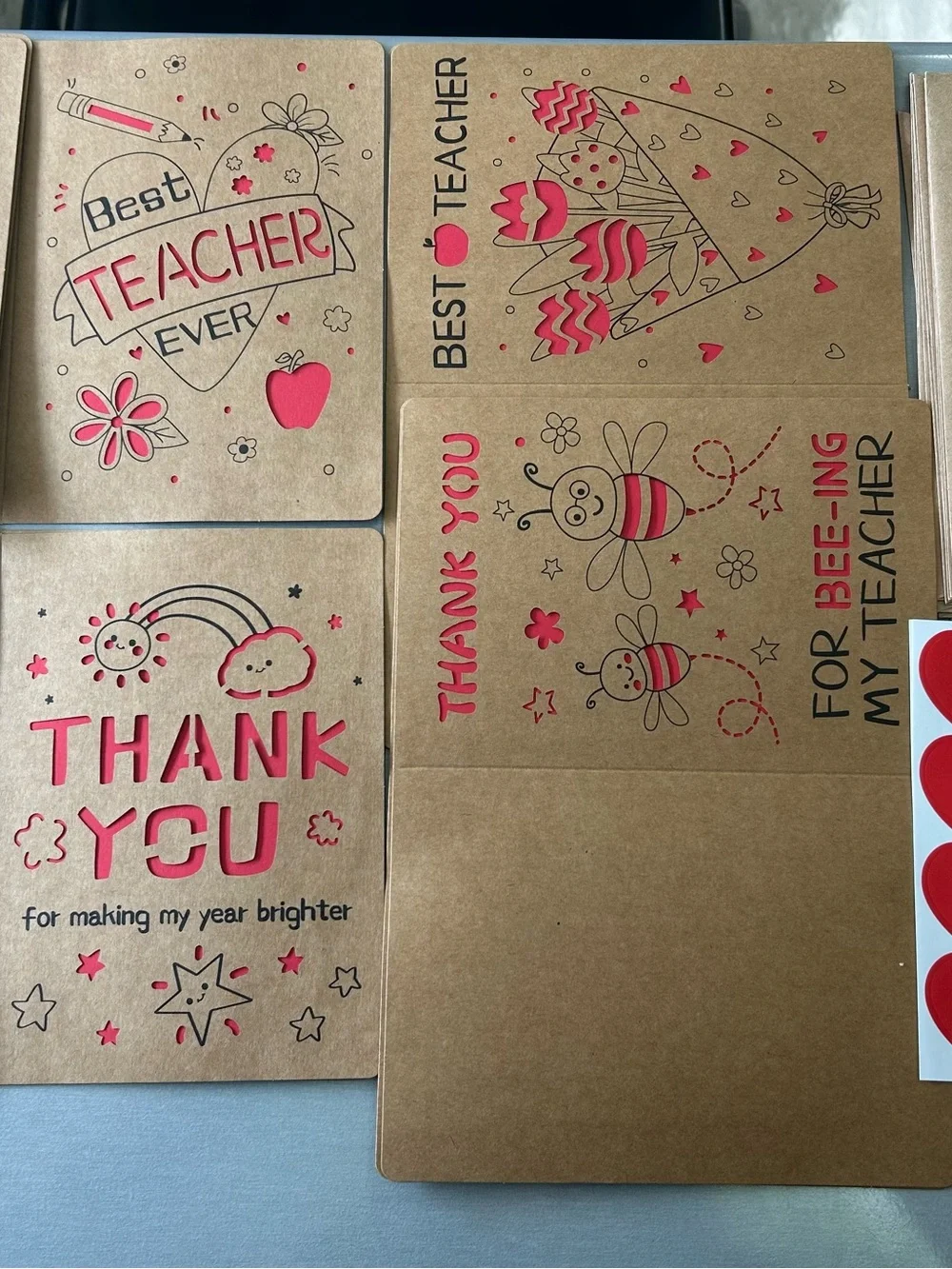 Thank You Teacher Card Set with Red Accents with heart stickers/envelopes